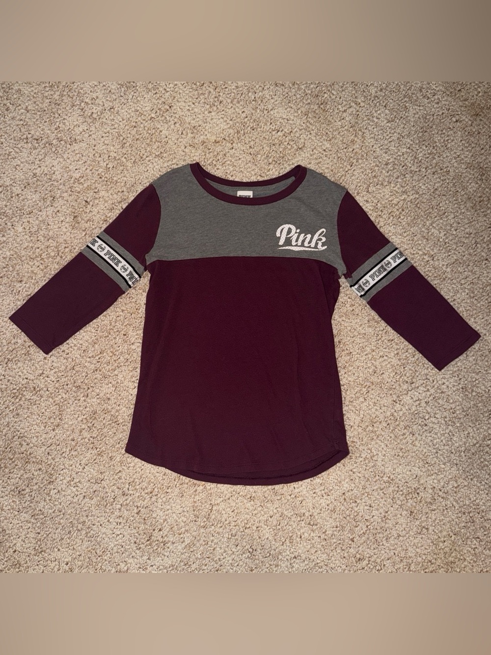 Vintage 2016 Victoria's Secret PINK Burgundy & Gray Colorblock Long Sleeve XS